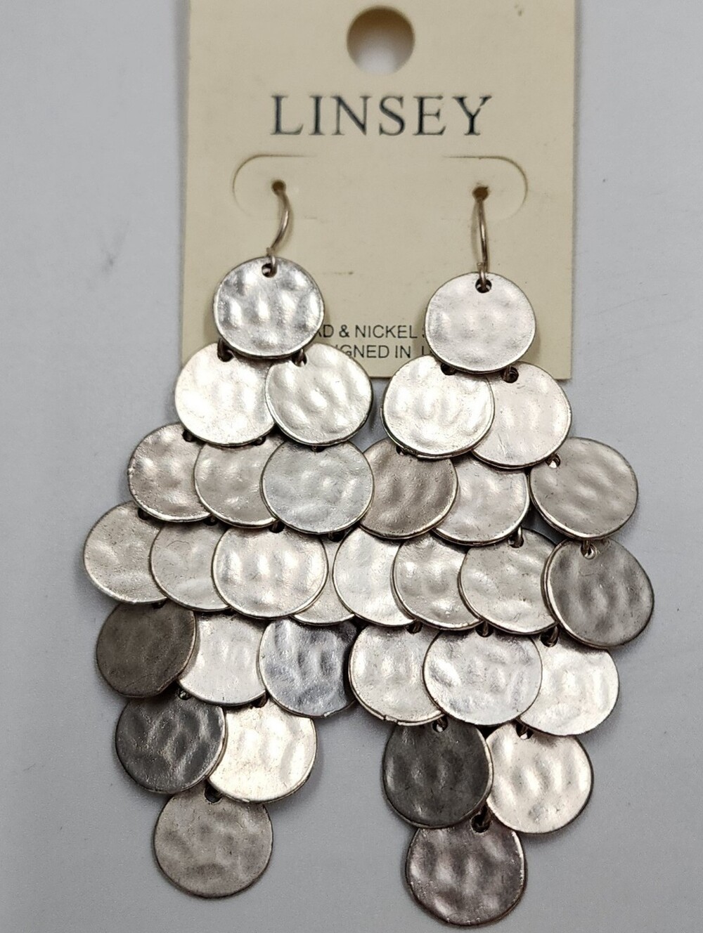 Silver Tone Dangle Earrings Long Linsey New NWT Disc 3" Inches